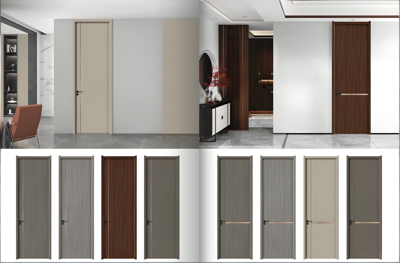 Paint-free door color samples and installation display showing modern door options in Uganda home