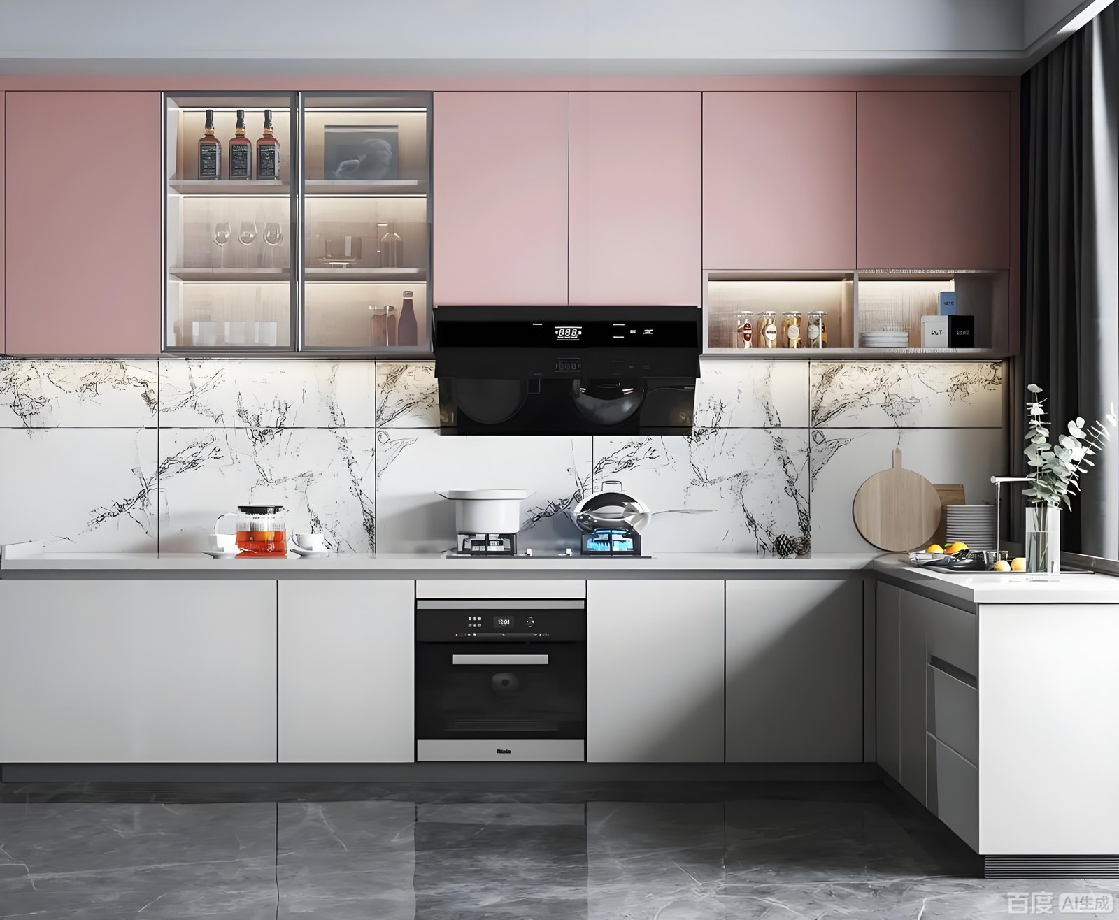 Contemporary pink and white kitchen cabinets with built-in appliances custom designed by Uganda Doors Interior Kampala