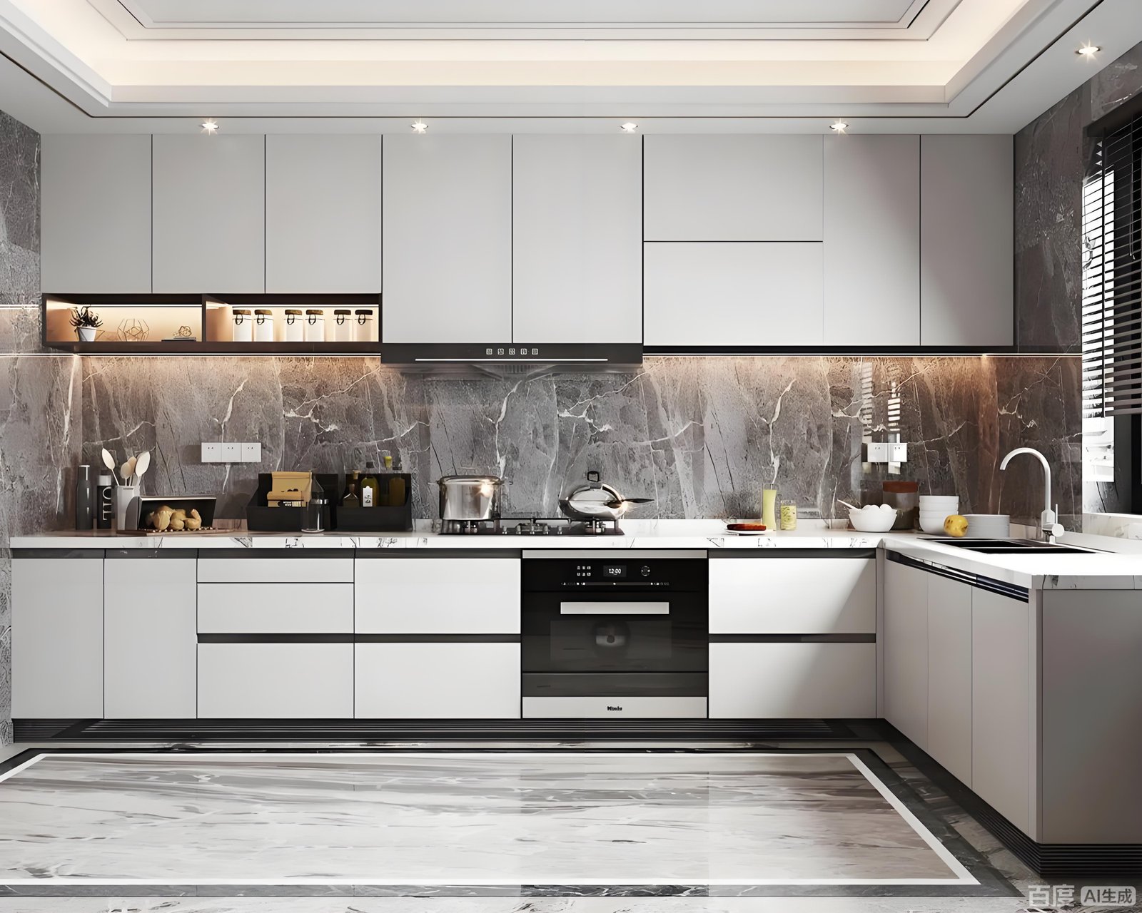 Modern white kitchen cabinets with subway tile backsplash and stainless steel appliances by Uganda Doors Interior Kampala